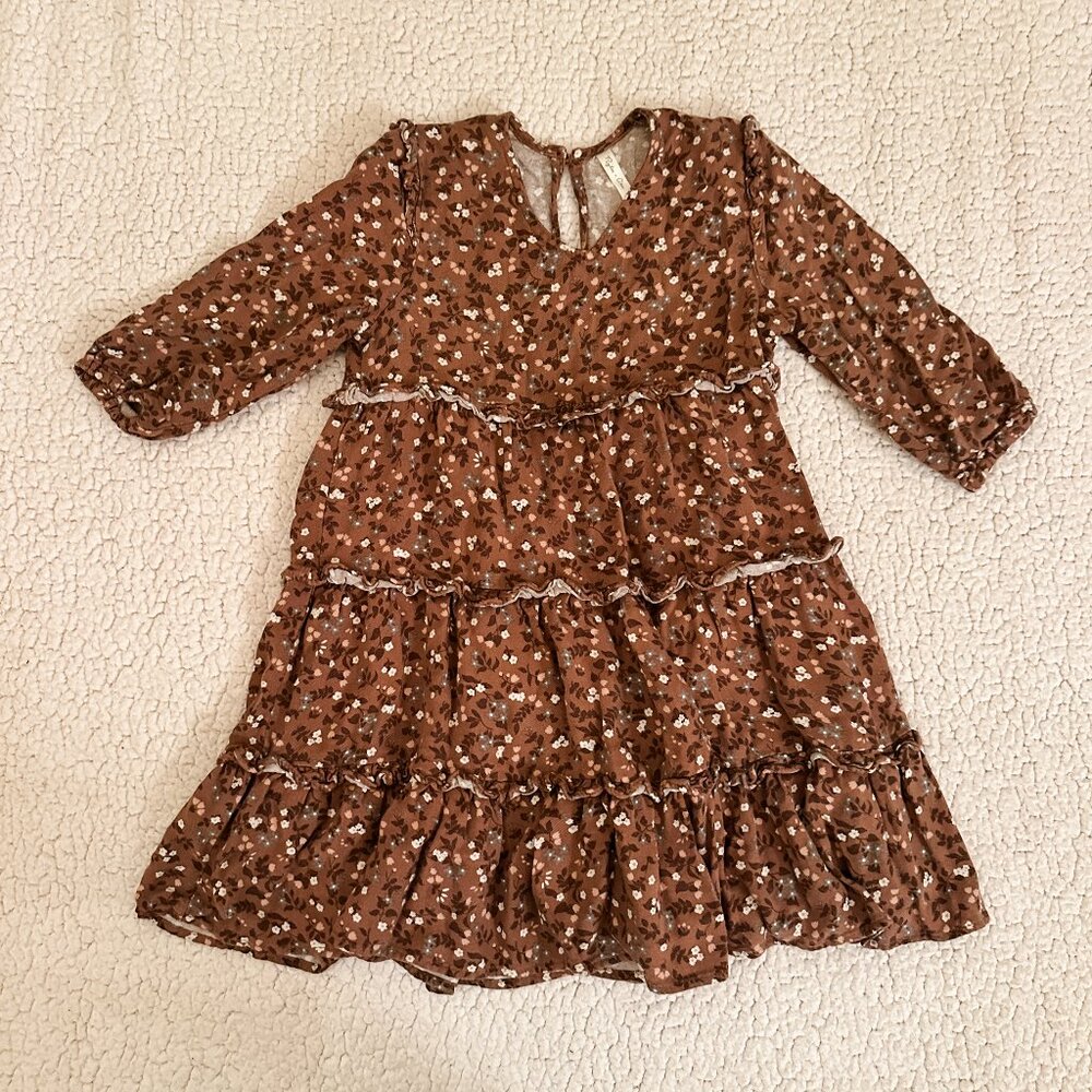 Rylee + Cru Brown Floral Tiered Dress with White and Black Accents